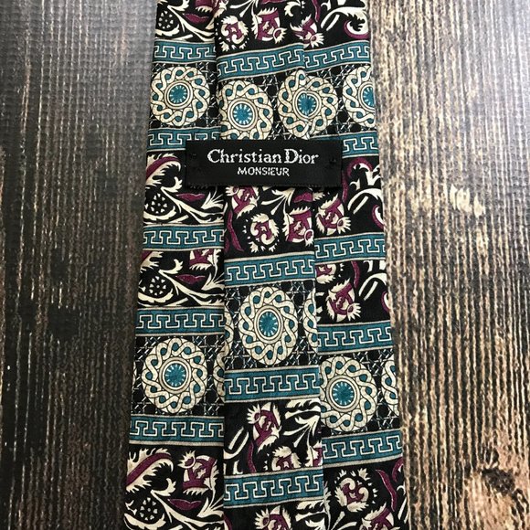 CHRISTIAN DIOR Monsiuer Neck Tie Silk USA Made Bold Print Teal Burgundy - Picture 6 of 7